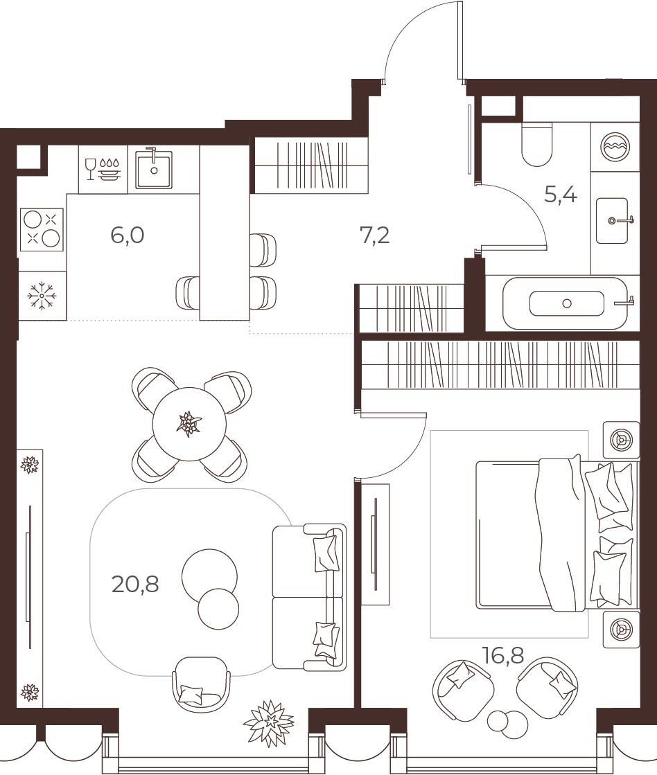 Планировка 1-комнатные, 56.1 м², секция С1